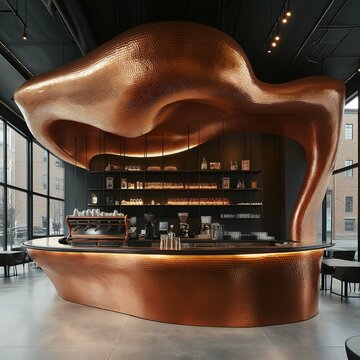 Extremely sharp details with crisp edges of cafe and restaurant interior design ideas, a large and wide bar counter and coffee machine, organic shape of the main structure made from copper metal,