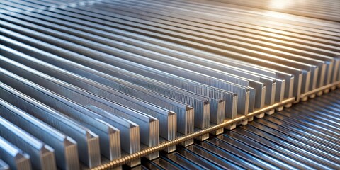 A closeup of a metallic structure with parallel, rectangular, and corrugated components that are arranged in a repeating pattern