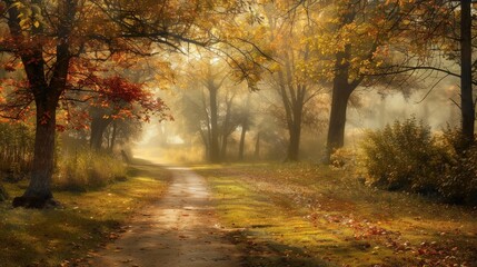 Fototapeta premium Autumnal Path through a Misty Forest