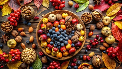 Fototapeta premium Closeup of Nuts and Berries on Dark Wood in Autumn Setting for Seasonal Design
