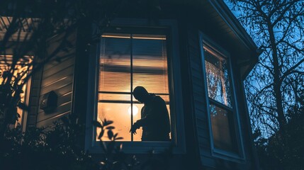 A masked burglar creeping through a suburban home at night, the moonlight casting shadows through the windows, suspenseful and eerie,