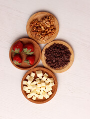 menu snack ingredient photo chocolate chips strawberry walnut cheese dessert sweet food kitchen set