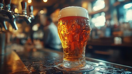 craft beer being poured from a tap showcasing frothy foam in a vibrant brewpub atmosphere capturing the essence of camaraderie and enjoyment among beer enthusiasts in a lively setting