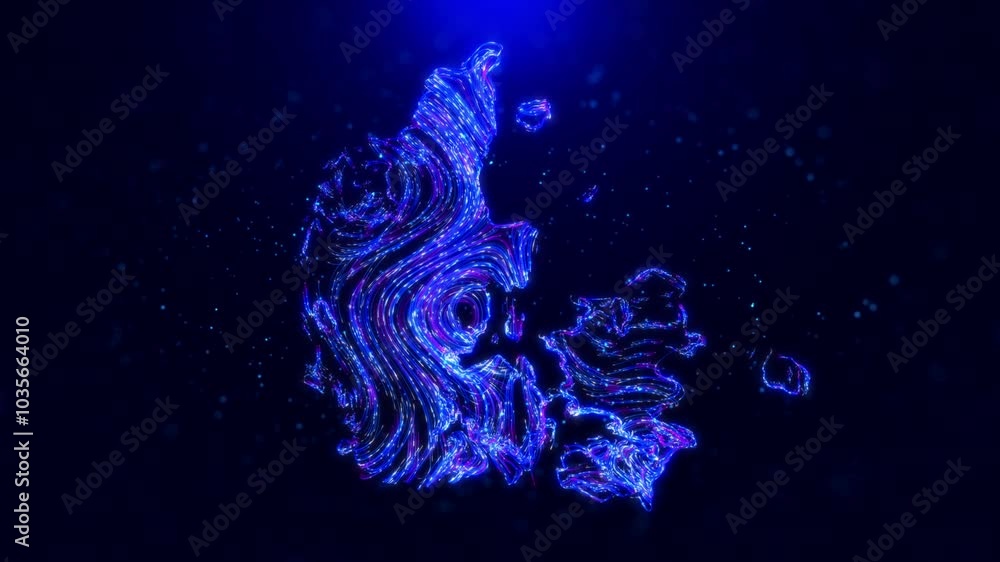 Poster abstract motion view denmark map design, featuring glowing blue hairlines, dynamic flowing patterns,