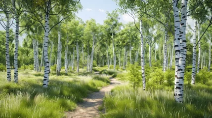Fleecedeken met foto Sunlit Path Through a Birch Tree Forest © Mahavira Osa