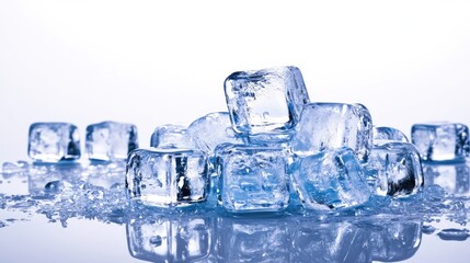 Obraz premium Piles of Clear Ice Cubes Scattered on a Reflective Surface Generative AI