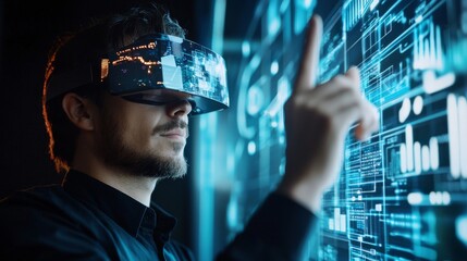 A professional utilizing a holographic smart device, engaging with virtual business data.