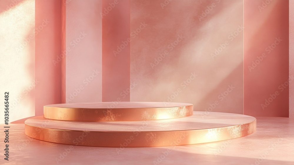 Aufkleber soft pink walls create a serene atmosphere, highlighting circular platforms that reflect warm light.