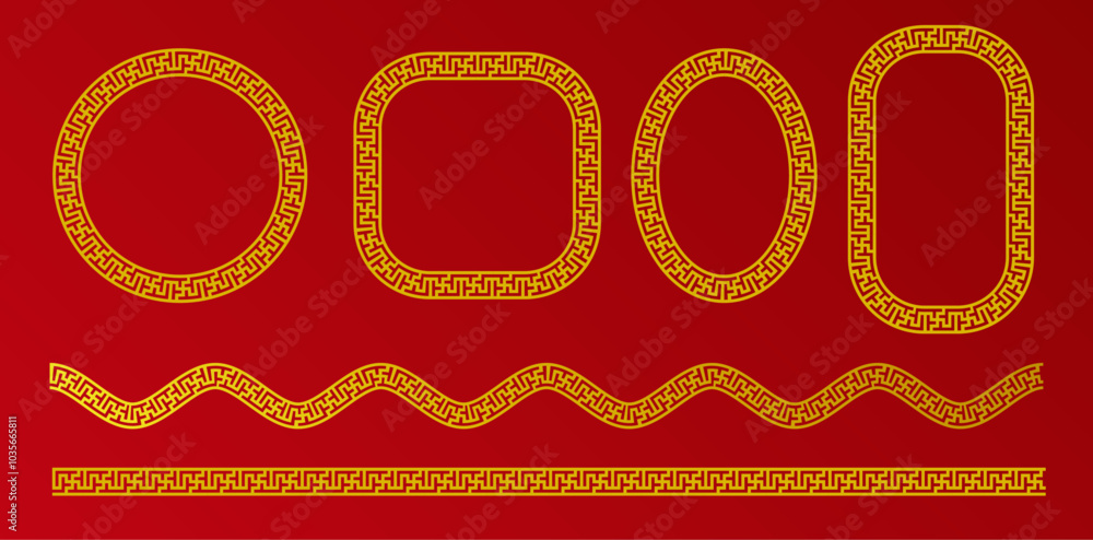 Leinwandbilder collection of chinese new year frames. set of gold borders in the shape of square, wave, circle and 