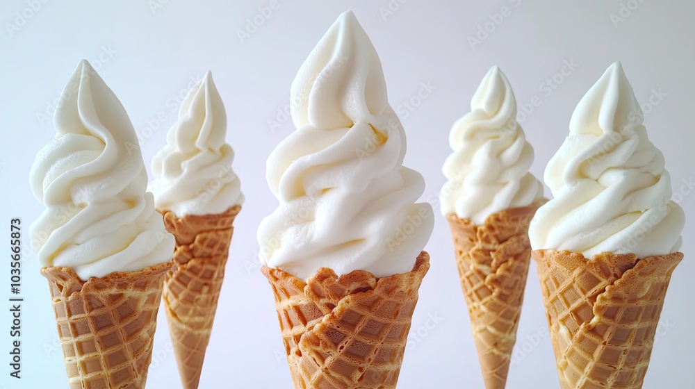 Poster delicious soft serve yogurt ice cream swirls in waffle cones generative ai