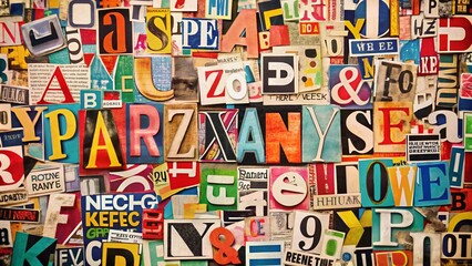 Colorful Alphabet Collage of Cut-Out Newspaper Letters for Ransom Note Style Art