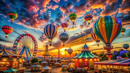 Fototapeta premium Colorful Balloons Floating Above a Vibrant Funfair Event with Carnival Lights in High Dynamic Range