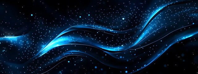 A digital art piece featuring an abstract background with dark blue and silver tones, creating a sleek design that resembles flowing waves of light on the surface of water