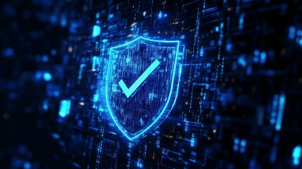 Blue shield with iron checkmark surrounded by binary code and glowing digital lines, set against a dark background to emphasize the light effects of data security symbols and cyber protection.