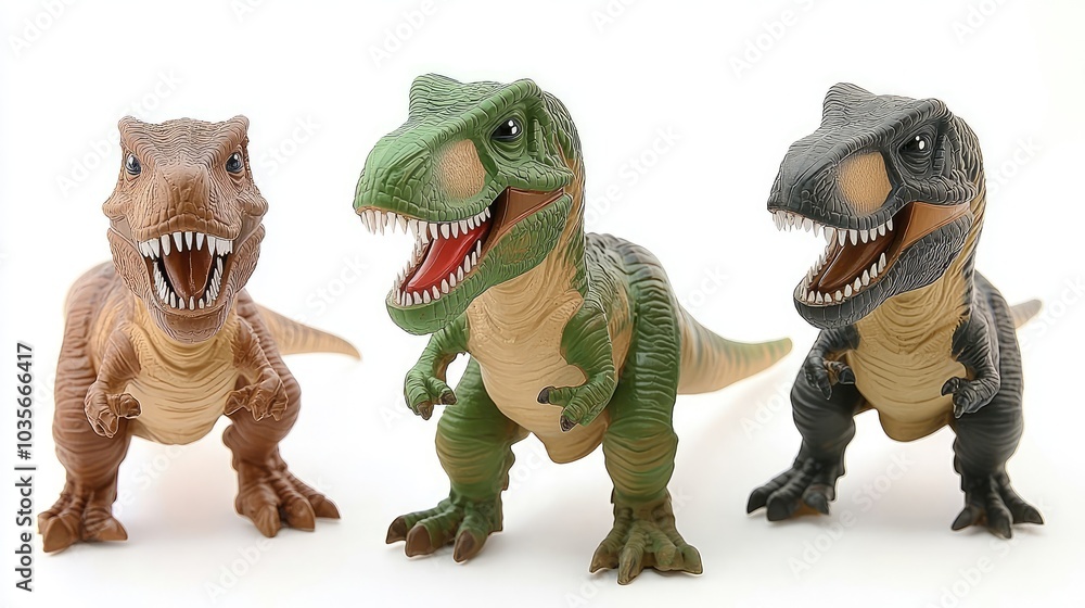 Poster three toy t. rex dinosaurs displayed in vibrant colors and expressions generative ai
