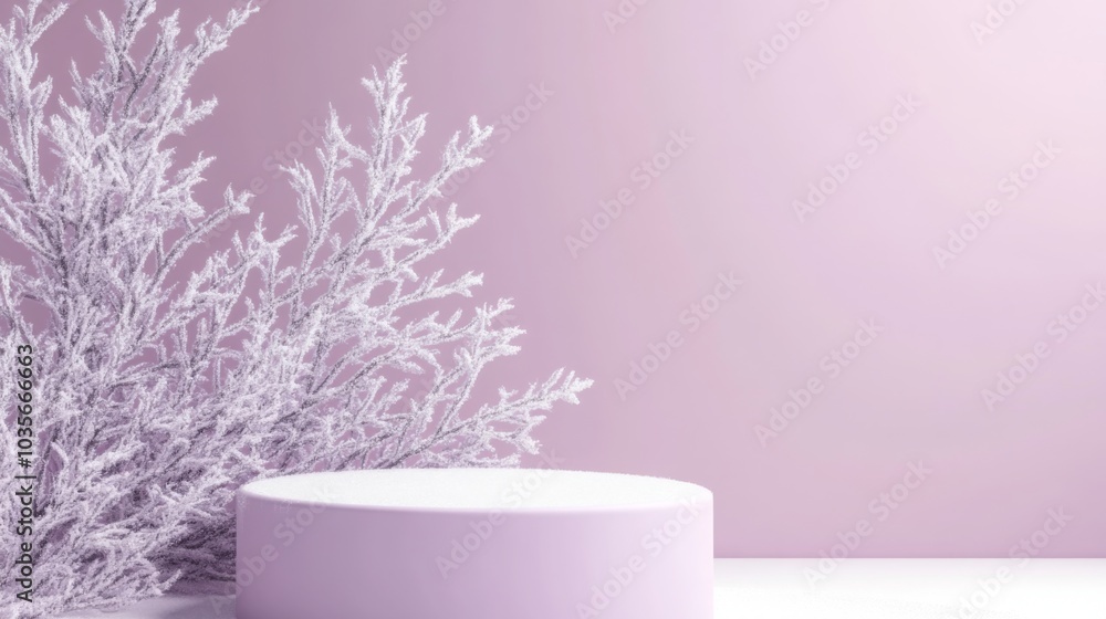 Leinwandbilder a circular pedestal sits against a soft pastel background, with a delicate frosted tree adding a tou