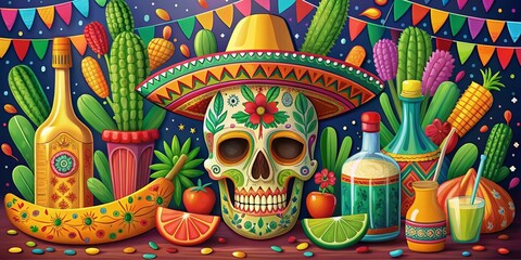 Fototapeta premium Colorful Cinco de Mayo Poster with Skull, Tequila, Cactus, Maracas, and Sombrero Design for Celebrations