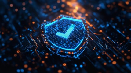 Blue shield with iron checkmark surrounded by binary code and glowing digital lines, set against a dark background to emphasize the light effects of data security symbols and cyber protection.