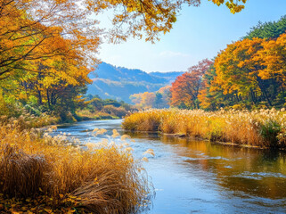 Korean autumn scenery, with colorful leaves and a river flowing through the valley. The trees on both sides of it have yellow grasses swaying in the wind, creating an endless view.