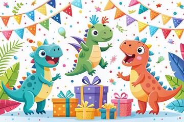 Obraz premium Colorful Dinosaur Party Decorations for Baby Showers and Birthdays - Gift Boxes, Confetti, and Flags