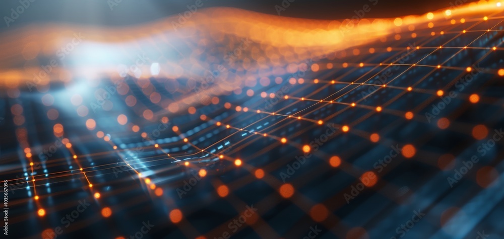 Poster Abstract digital landscape with glowing orange and blue lines creating a futuristic mesh pattern. Perfect for tech-related projects.