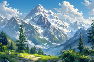 Fototapeta premium Majestic Mountain Landscape with Lush Greenery and Snow-Capped Peaks