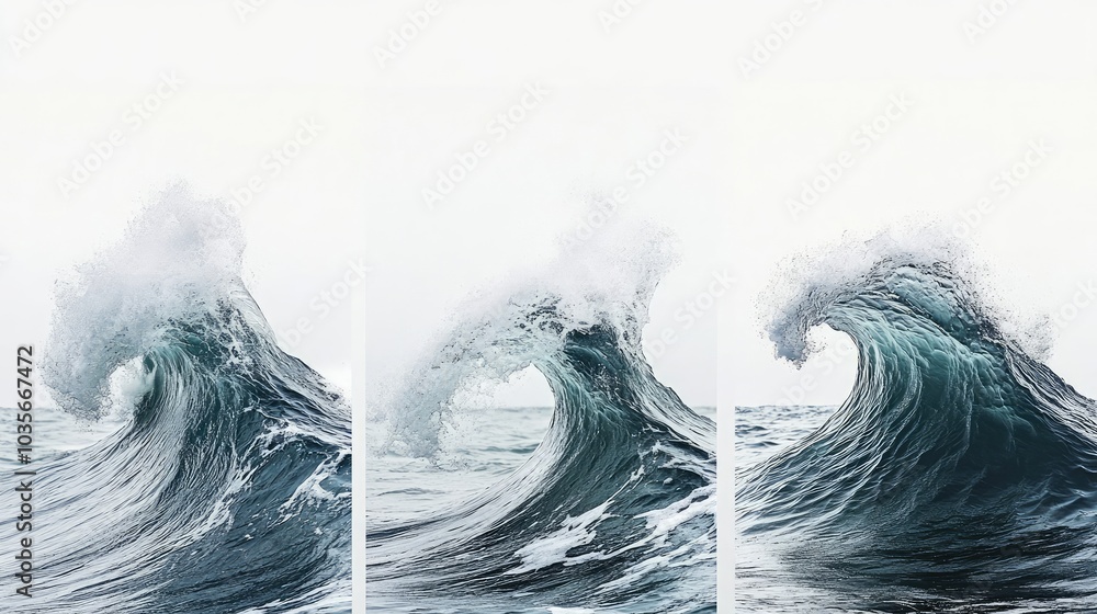 Poster powerful sea waves crashing with foam on a cloudy day generative ai
