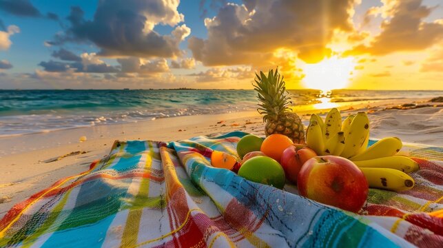 Fresh fruits on a blanket at sunset on the beach.