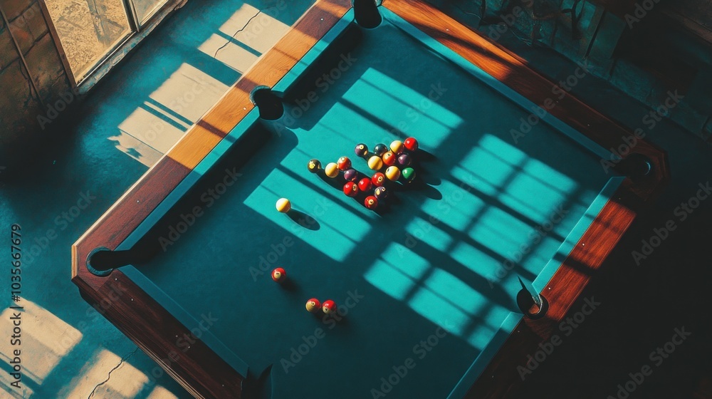Poster a top-down view of a pool table with the balls set up for a game. the table is green felt with woode