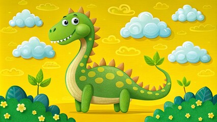 Colorful Green and Yellow Dinosaur Cartoon for Kids with Number Two