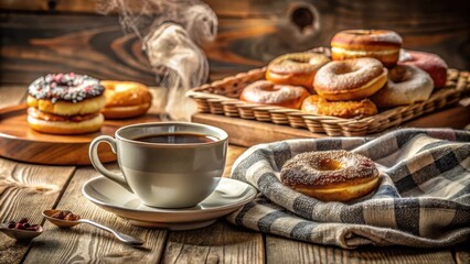 A cup of coffee and a sweet treat on a rustic wooden table, perfect for a relaxing break
