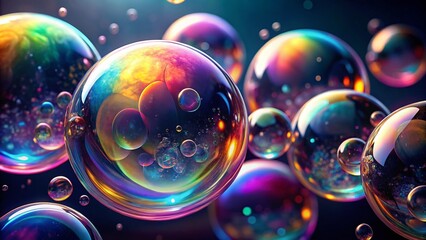 Colorful Iridescent Bubbles on Dark Background &ndash; Holographic Liquid Shapes for Creative Designs