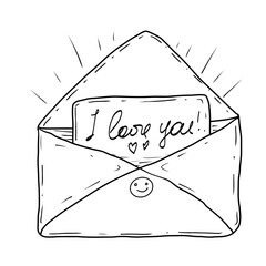 A black and white line drawing of an open envelope containing a note with the handwritten message 