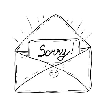 A simple black and white line drawing of an open envelope with a handwritten card that says "Sorry!" The envelope has a smiley face on the flap, conveying a lighthearted apology.