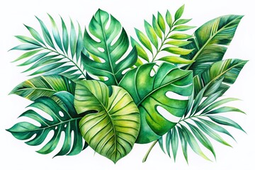Fototapeta premium Watercolor Tropical Leaves - Exotic Green Foliage for Hawaii Style Patterns and Wallpaper