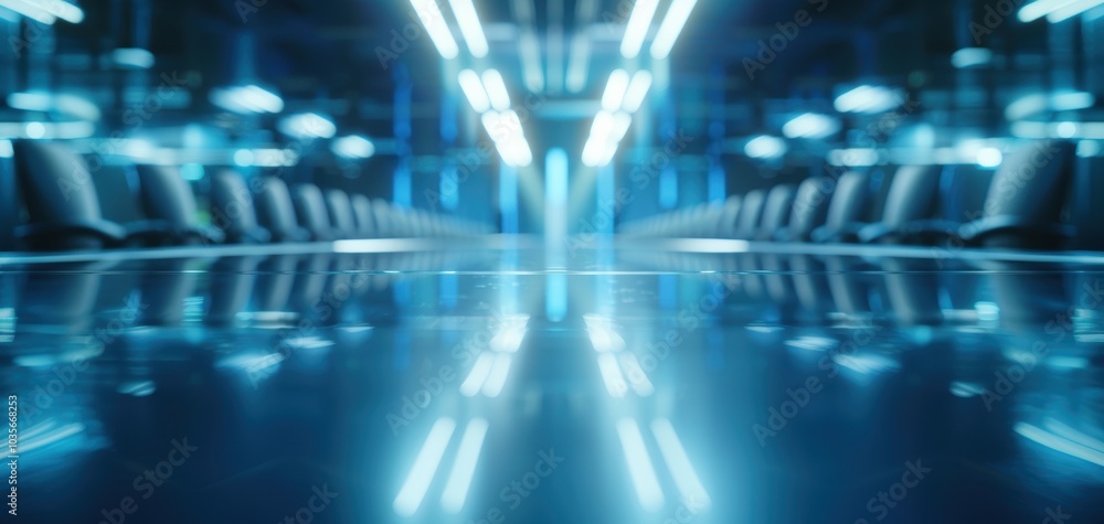 Poster futuristic hallway with sleek design and glowing blue lights reflecting on the polished floor, creat