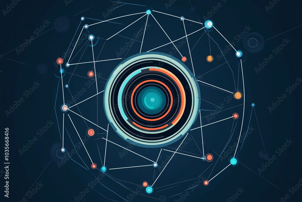Poster a digital abstract illustration featuring a central glowing circle connected by geometric lines and 