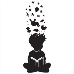 simple logo of the silhouette of a little boy with objects coming out of a book on his head representing imagination, on white background