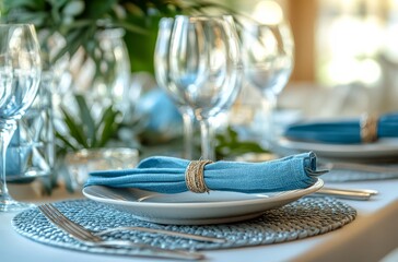 Elegant table setting with blue accents at a dining event during daylight