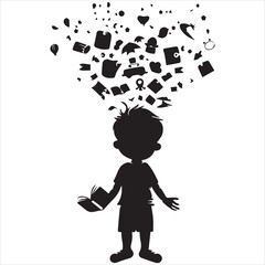 simple logo of the silhouette of a little boy with objects coming out of a book on his head representing imagination, on white background