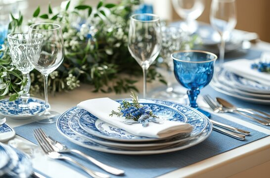 Elegant table setting with blue accents at a dining event during daylight