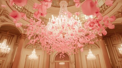 Pink Petals Falling in a Grand Ballroom