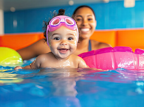 a baby girl learning to swim in an indoor pool with the help of her mother, who is wearing swimming goggles and a pink cap and smiling at the camera.