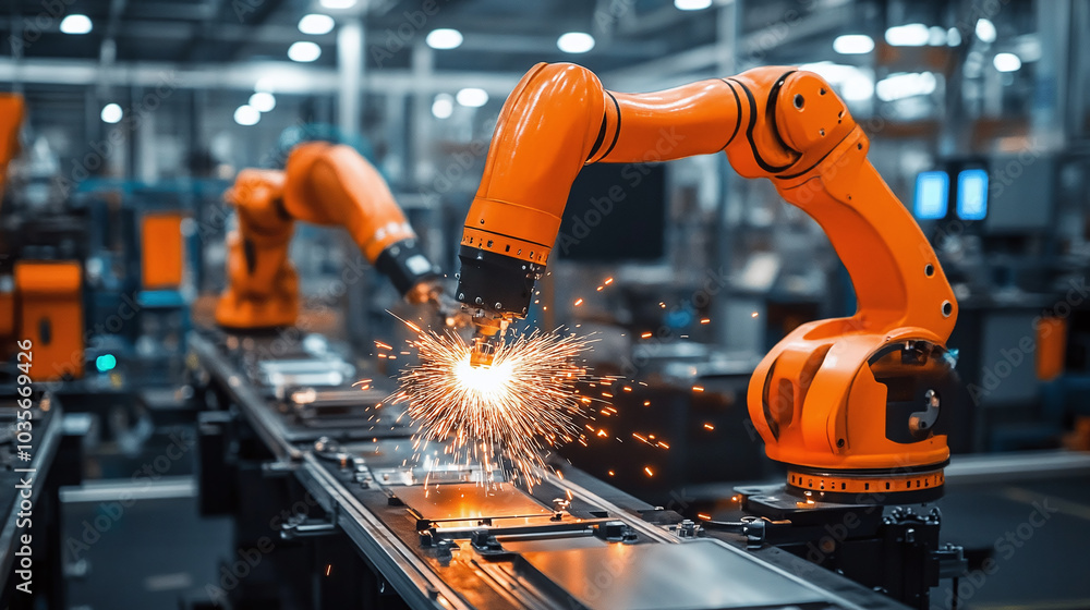 Poster robots weld metal parts together in a factory, creating sparks and demonstrating advanced automation