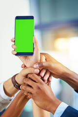 Business people, hands and green screen with mobile phone for announcement, advertising or success. Group, community and positive for support with technology, mockup space and team building in office