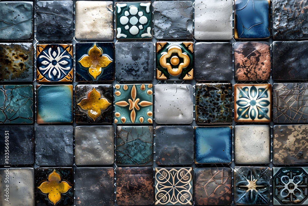 Poster colorful mosaic of decorative tiles showcasing intricate patterns and textures