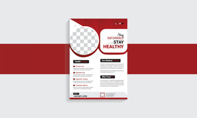 Creative medical and healthcare a4 flyer design template, red and black combination, unique print type vector design.