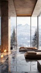 Modern Minimalist Spa Interior with Mountain View