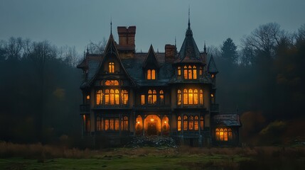 Obraz premium A gothic haunted house with towering spires, broken roof tiles, and dim lights emanating from the windows, with plenty of copy space in the surrounding landscape