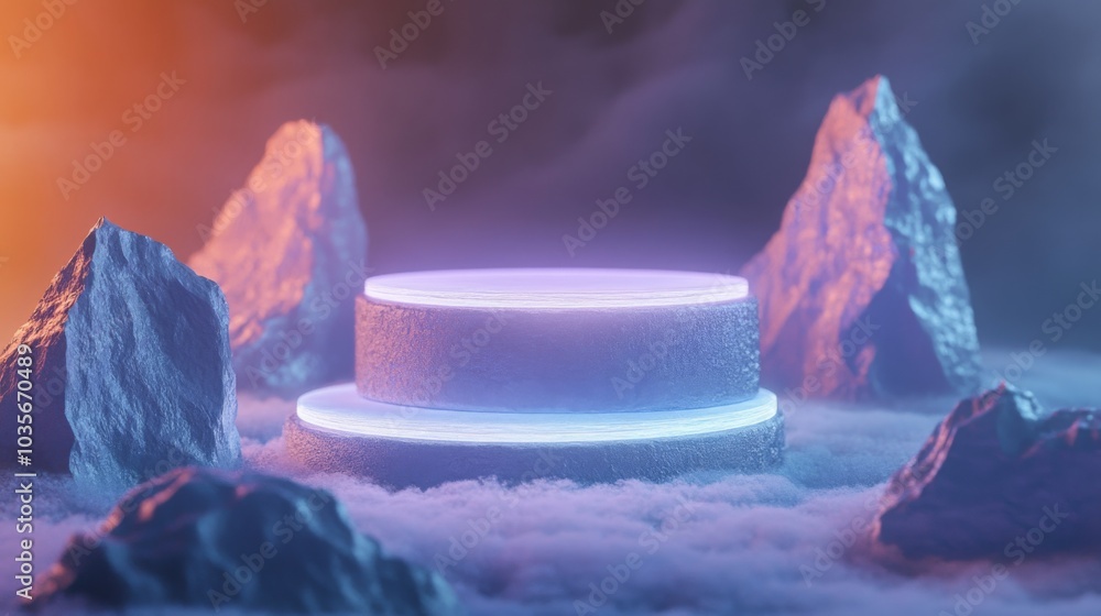 Poster a luminous platform stands in a surreal landscape, encircled by glowing rocks. soft mist envelops th